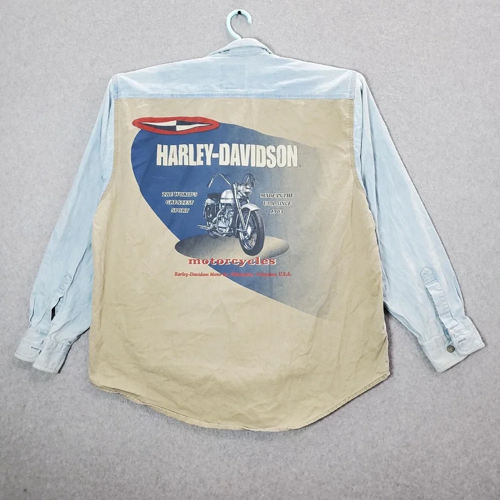 VINTAGE Harley Davidson Men Button Up Shirt XL Denim‎ Biker Blues Graphic